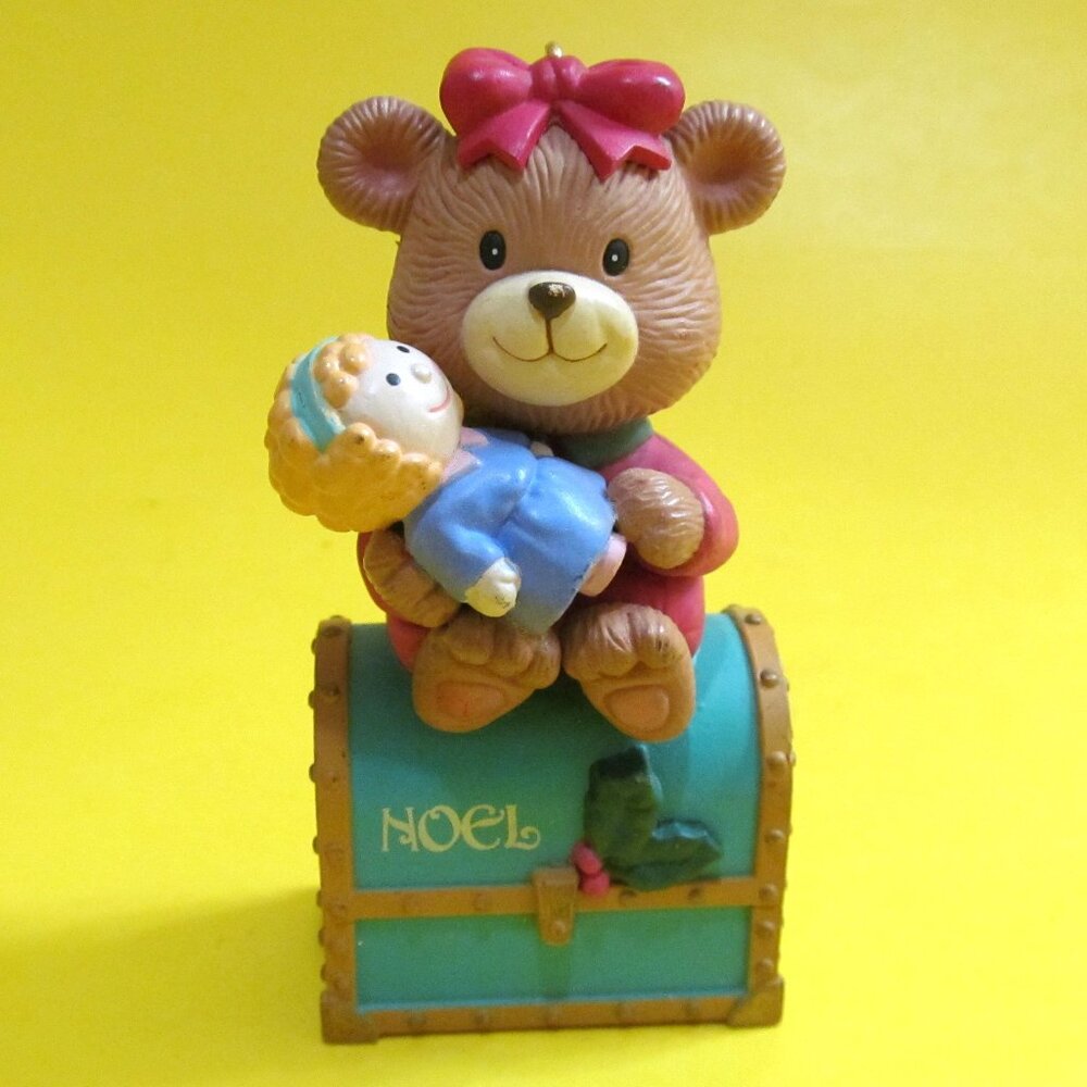 Vintage Christmas hanging ornament Teddy Bear on a Treasure chest